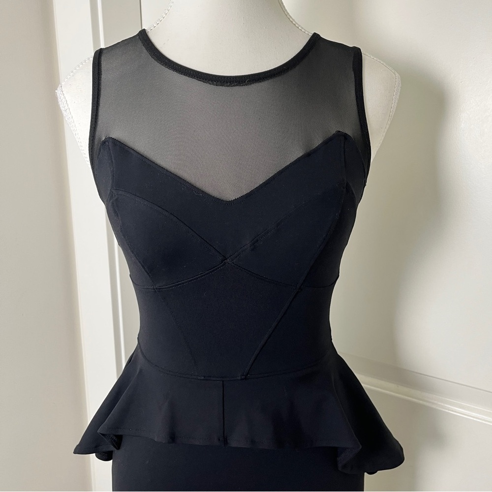 Bebe Glam Black Sleeveless Peplum Cocktail Dress w/ Illusion Neckline - XXS - Picture 5 of 13